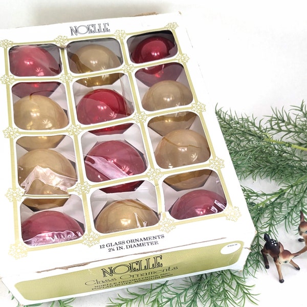 12 Christmas Ornaments in Authentic Noel Box in Soft Yellow and Red, Aged Distressed Mercury Glass Baubles (2.25")
