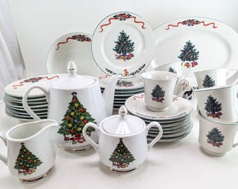 34-piece Christmas Morning Set for 7 PLUS Serving Bowl, Platter, Tea Pot, Creamer and Sugar; Origins Fine Porcelains & Mount Clemens Pottery