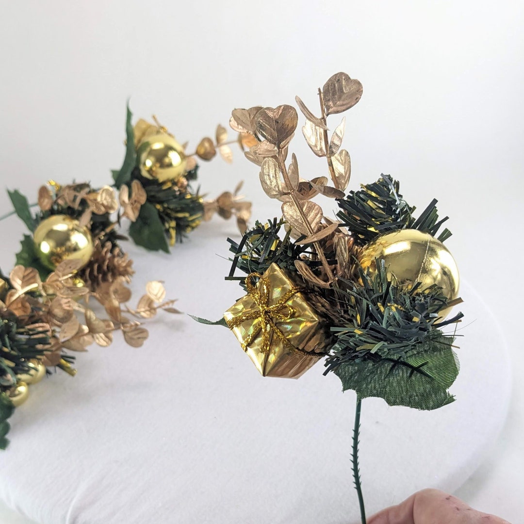 Sparkly Gold Floral Pick With Shiny Ball Ornament, Wrapped Gift, Pine