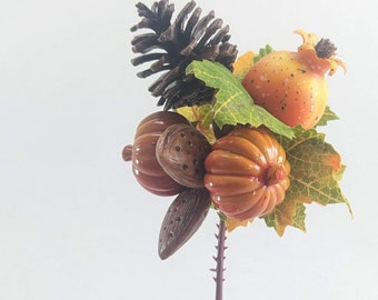 Small Fall Autumn Thanksgiving Floral Pick Spray Pumpkin, Pomegranate, Almonds, and Pine Cone - Vintage Wreath Basket Millinery Supply