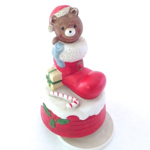 vintage Brinns hand painted teddy bear Christmas music box; retro 1970&#39;s holiday kitsch; children nursery baby&#39;s room decor