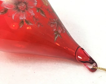 large handblown glass teardrop ornament with flowers applique, unsilvered ornament 2.75" wide 5" tall, make in Taiwan