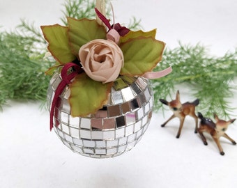Mirrored Apple Ornament with Silk Flower Top, Sparkly Silver Disco Ball, 2.5" Christmas Tree Trimmings Party Decorations Teacher Gift