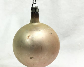 Stunningly Delicate Ivory Pink Ombre Antique Glass Long Neck Ball Ornament; True Vintage Christmas Distressed Bauble, Pretty Pink