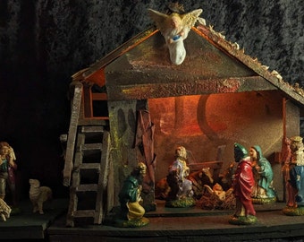 LARGE Exquisite Nativity Scene with Light! Highly Detailed Holy Family, Angel, Folding Wooden Manger, Vintage Handcrafted Hand Made w/ Love