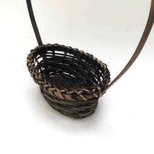 dark brown wicker basket, small basket AND big handle, wonderfully unique, 7.5&quot; x 5.25 opening, 13&quot; tall and 11.75&quot; wide
