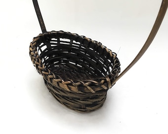 dark brown wicker basket, small basket AND big handle, wonderfully unique, 7.5" x 5.25 opening, 13" tall and 11.75" wide