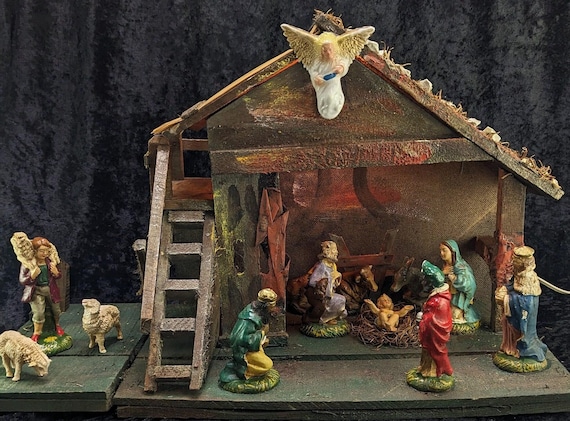 Large Vintage Nativity Scene With Light: Handcrafted Holy Family