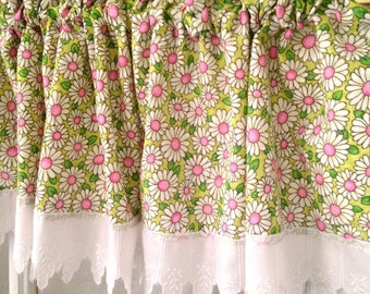 sweet handmade valance, lime green hot pink and white daisy florals, girl's cottage chic retro fun curtain; various sizes yesteryears