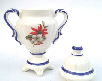 petite Keramik miniature urn; fine china in white, blue red floral Christmas collectible; coworker teacher gift idea