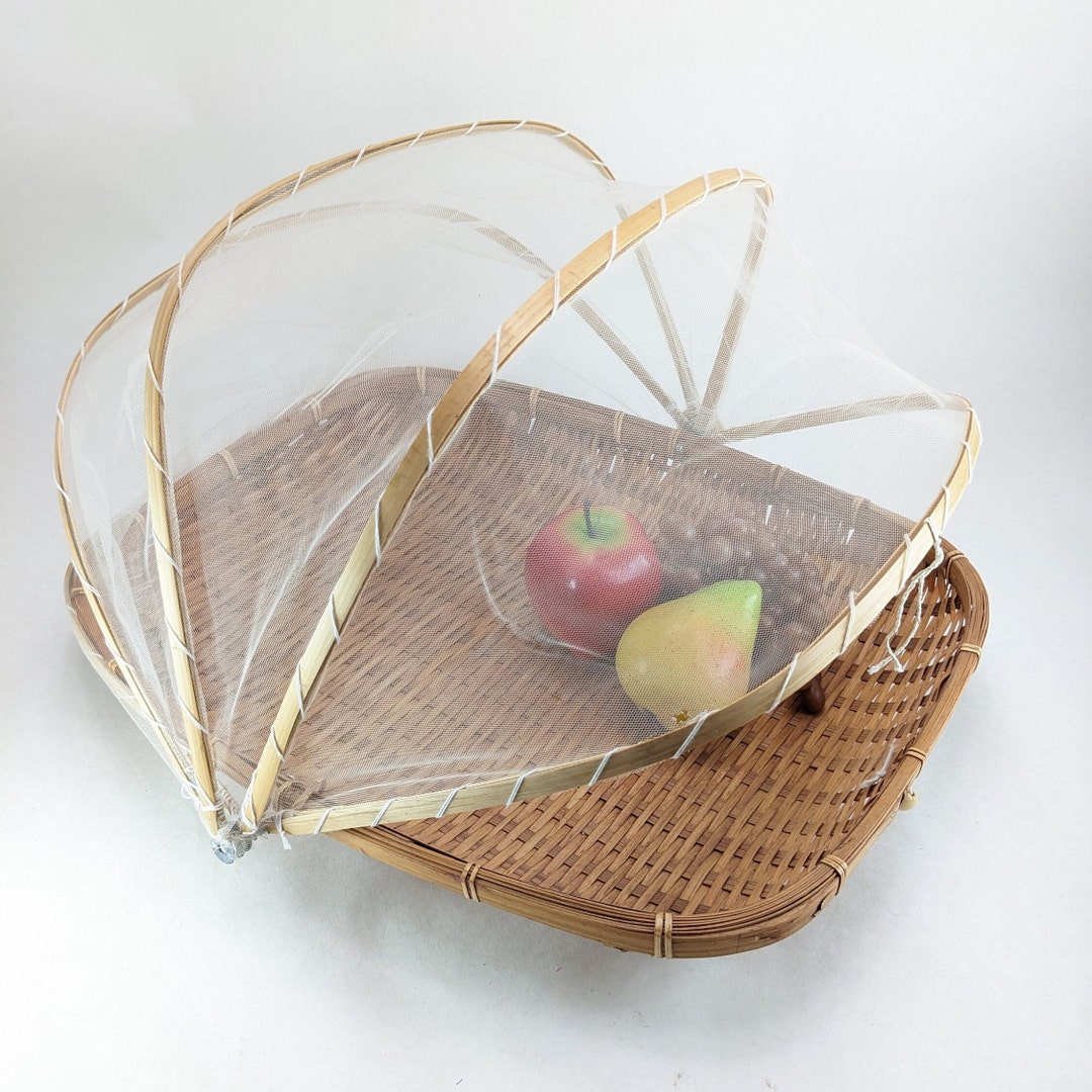 Sweet Oval Basket With Mesh Cover, Shallow Wicker Food Cloche, Net Food Cover, Al Fresco Food