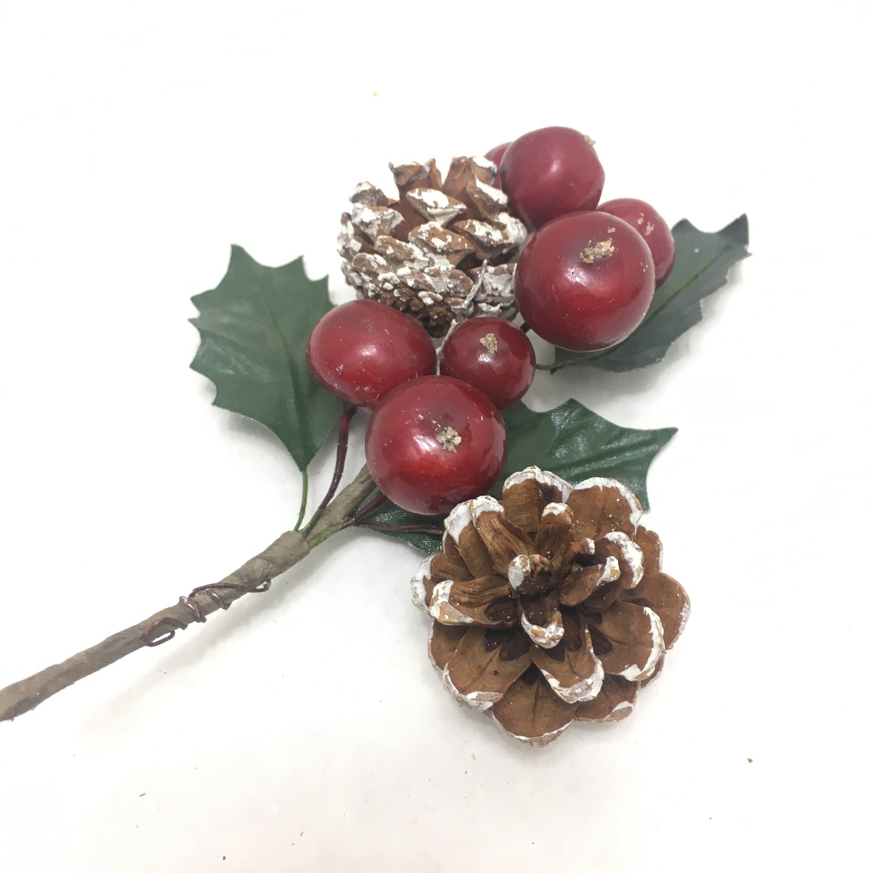 4 Natural Styled Floral Picks in Red Green and Gold Accents Cherry, Berries  and Pine Cone Christmas Gift Cluster Millinery Winter Decor 