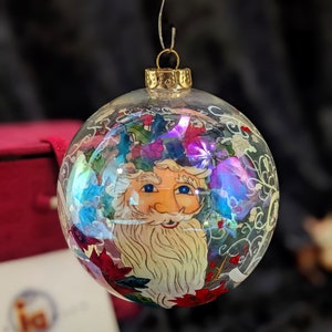 Stunning Reverse Painted Ornament, Iridescent Glass Ball w/ Santa Clause, Hand Crafted, Chase International Inside Out w/ Original Box