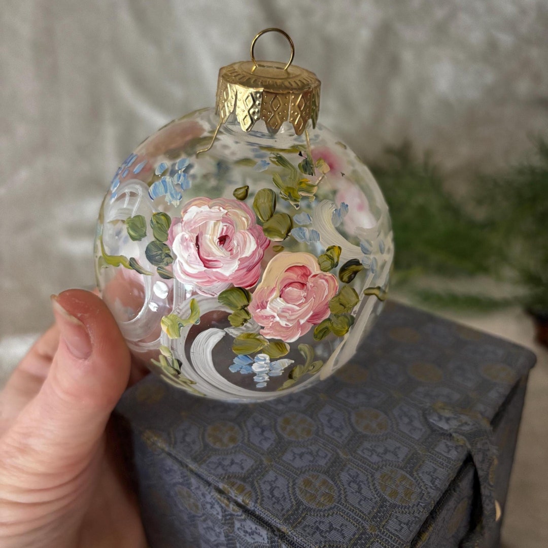 Hand Painted Floral Glass Ornament: Roses, Satin Lined Box - Etsy