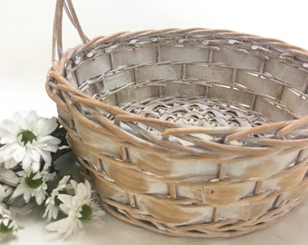 white washed basket, extra large round with handle; 14" opening, 15" tall, super sturdy