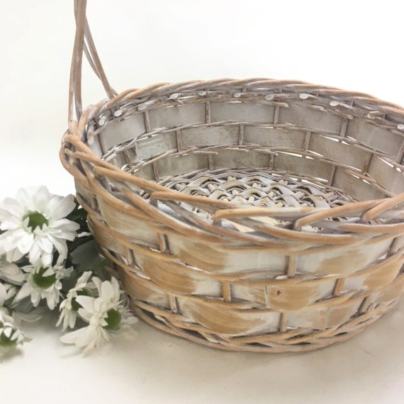 white washed basket, extra large round with handle; 14" wide, 15" tall