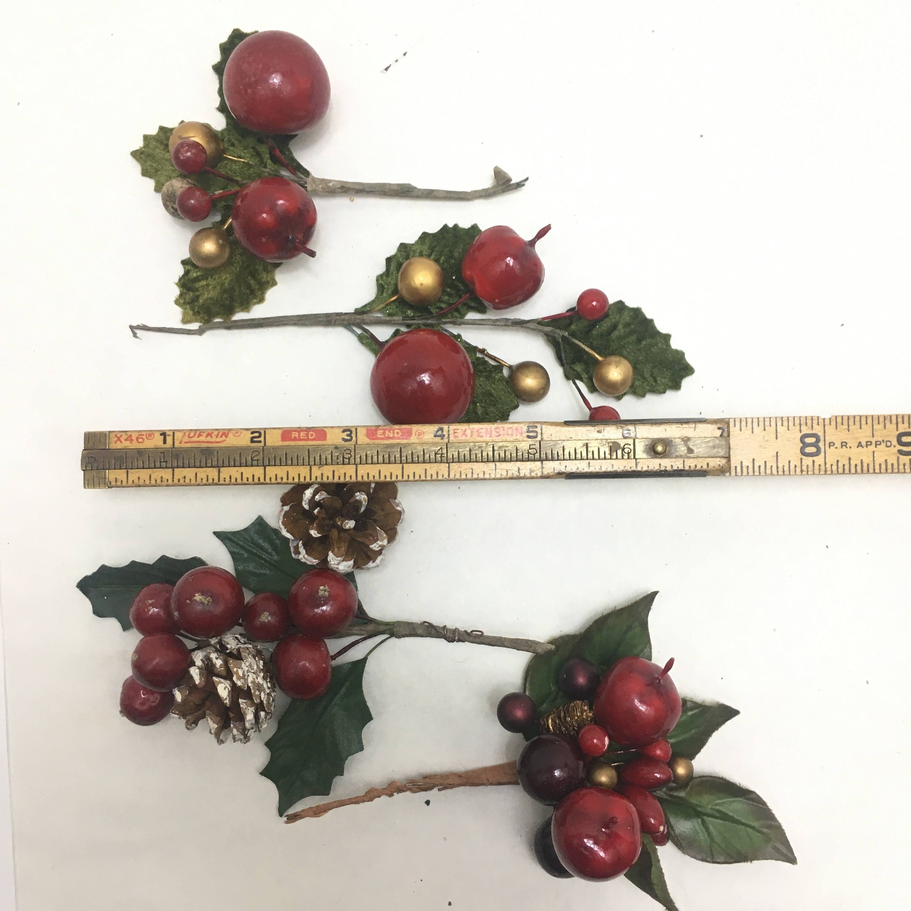 4 Natural Styled Floral Picks in Red Green and Gold Accents Cherry, Berries  and Pine Cone Christmas Gift Cluster Millinery Winter Decor 