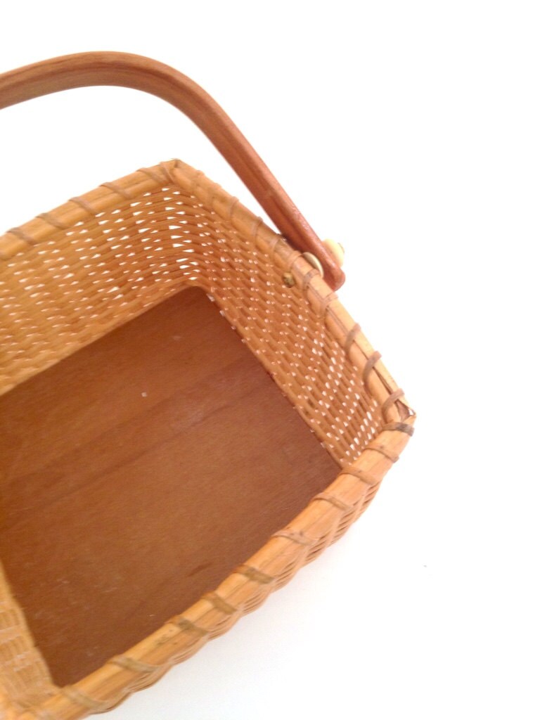 Vintage Basket With Hinged Wooden Swivel Handle Coworker Etsy