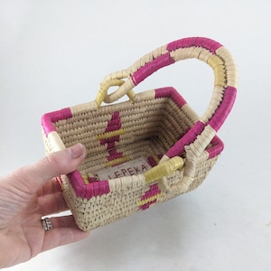 Handmade Woven Basket with Swinging Handle & Pink Accents - Lepeka Signed