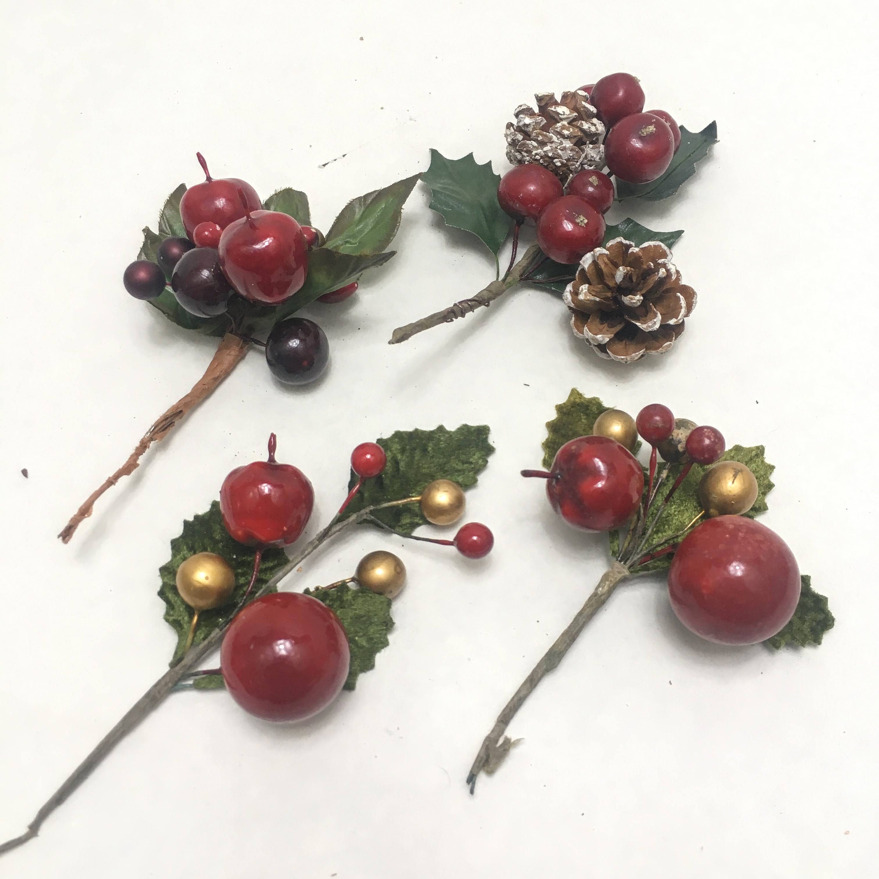 4 Natural Styled Floral Picks in Red Green and Gold Accents Cherry, Berries  and Pine Cone Christmas Gift Cluster Millinery Winter Decor 