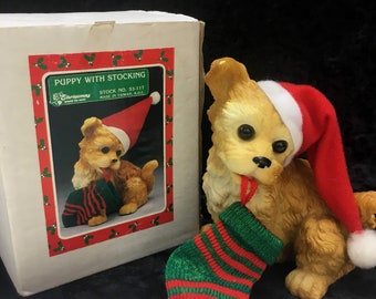 Christmas Around The World Puppy with knit stocking in box; coworker teacher gift idea