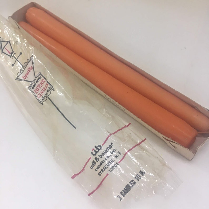 10 dinner candles unused in original box hand dipped peach Tavern Candles Taperlite candles with firm fit end; NIB set of two