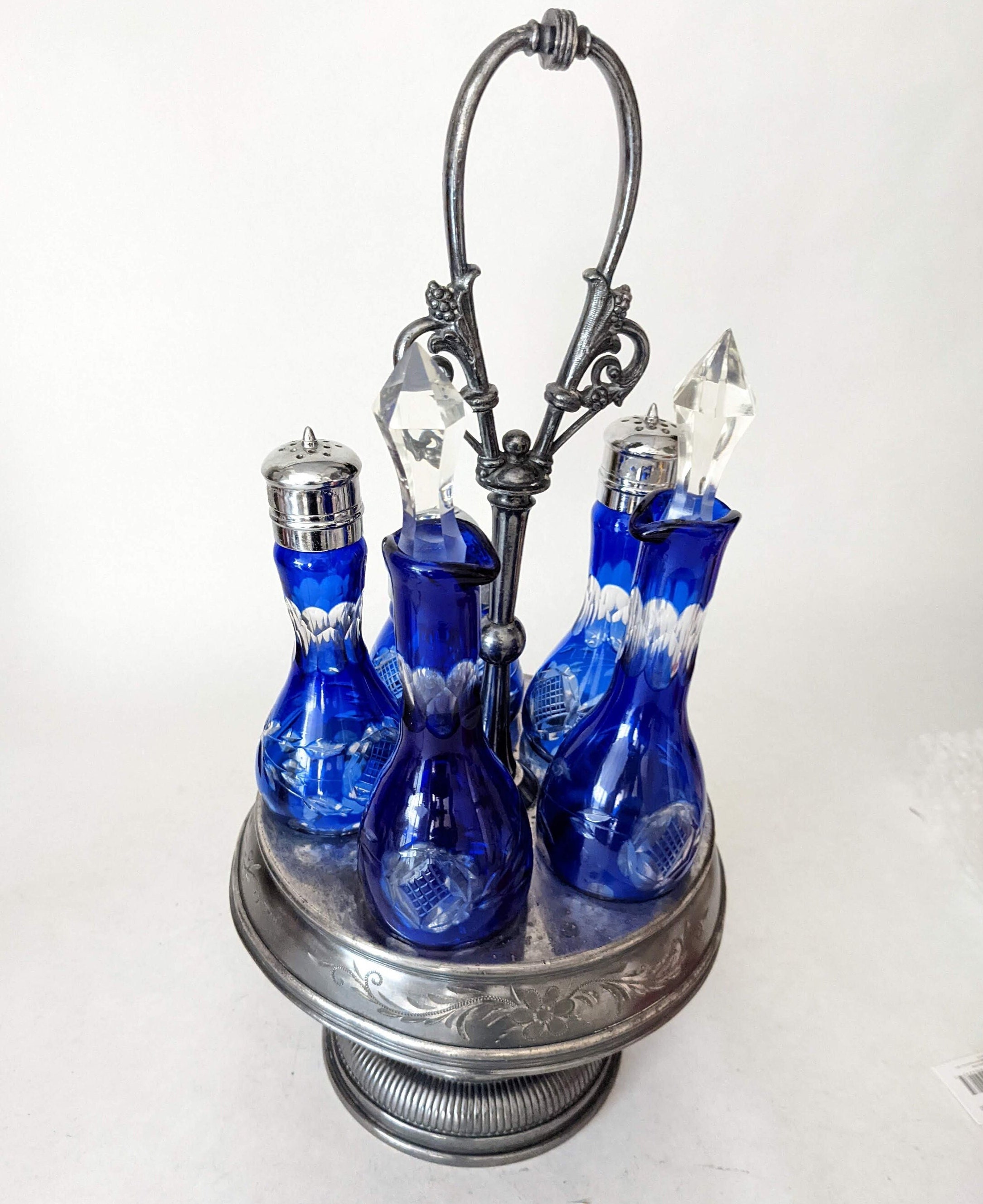 Victorian Royal Blue Cut Glass Cruet Set, 57 OFF