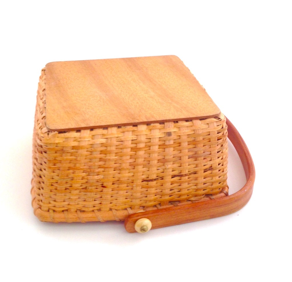 Vintage Basket With Hinged Wooden Swivel Handle Coworker Etsy