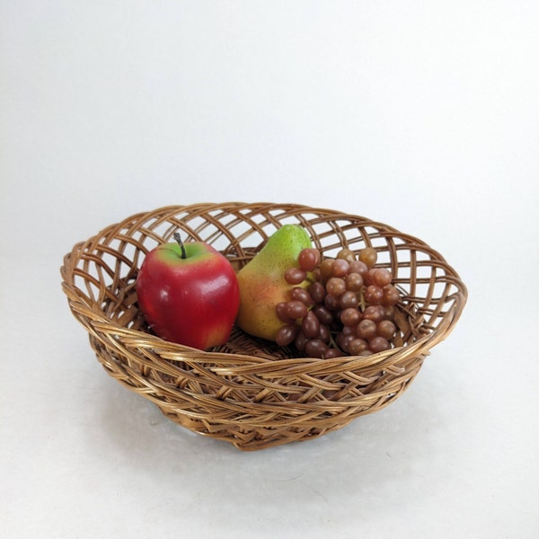 Deep Chestnut Brown Vintage Wicker Basket, Gorgeous Open Weave Accent, Structurally Solid Serving Tray/Bowl; 10 1/2" wide, 3 7/8" deep