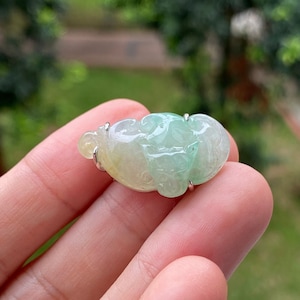 Bat Jade Pendant Grade A Jadeite Translucent Apple Green TriColor Sterling Silver White Gold Plated (Burmese Jade)