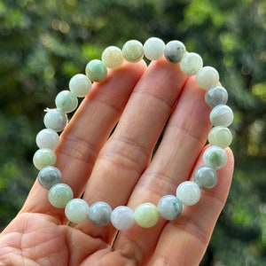 8mm Jade Bead Bracelet Melon Yellow and Grey with Elastic String Grade A Jadeite (Burmese Jade)
