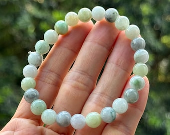 Pulseira de contas de jade de 8 mm, amarelo melão e cinza, com cordão elástico. Jadeíta de grau A (jade birmanesa).