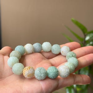 13.5mm Carved Jade Bead Bracelet Multi-Color Elastic String Grade A Jadeite (Burmese Jade)