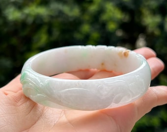 62.9mm Jade Bangle Carved Phoenix White & Bright Green Grade A Jadeite (Burmese Jade)