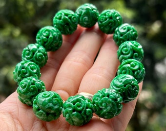 RARE Green Jade Bead Bracelet BIG Carved Bright Green Beads Grade A Jadeite HS618 (Burmese Jade)