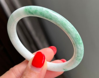 Round 57.4mm Jade Bangle White Green Floral Pattern Grade A Jadeite MB32LS8 (Burmese Jade)