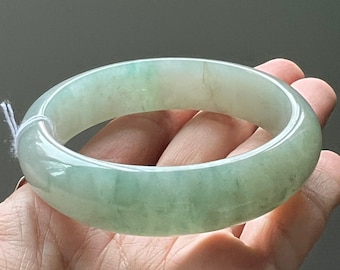 Jadeite Jade Bangle Bracelet - 54.8mm Translucent Bluish Green Floral (Grade-A Jade) MB4LLK15