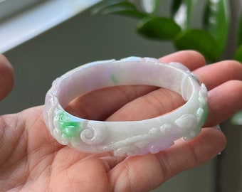 Carved Jade Bangle Oval Lavender Bright Green Grade A