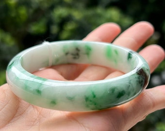 Brazalete de jade de 57,1 mm, verde brillante, blanco, tricolor, grado A, jadeíta MB25KL2H (jade birmano)