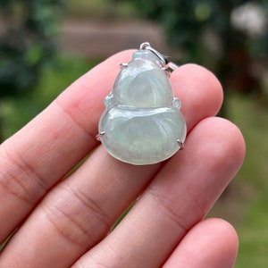 ICY Hulu Jade Pendant Grade A Jadeite Very Light Green in Sterling Silver White Gold Plated (Burmese Jade)