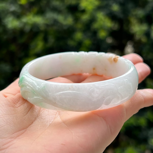 62.9mm Jade Bangle Carved Phoenix White & Bright Green Grade A Jadeite (Burmese Jade)