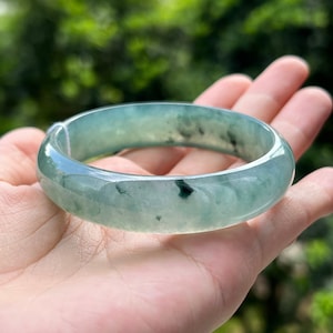 57.7mm Jade Bangle Very Translucent Bluish Green Floral Pattern Grade A Jadeite MB12LL4 (Burmese Jade)