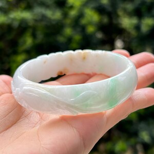 62.9mm Jade Bangle Carved Phoenix White & Bright Green Grade A Jadeite Burmese Jade image 4