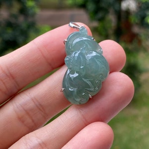 3D Bat Jade Pendant Highly Translucent Bluish Green Grade A Jadeite in Sterling Silver White Gold Plated (Burmese Jade)