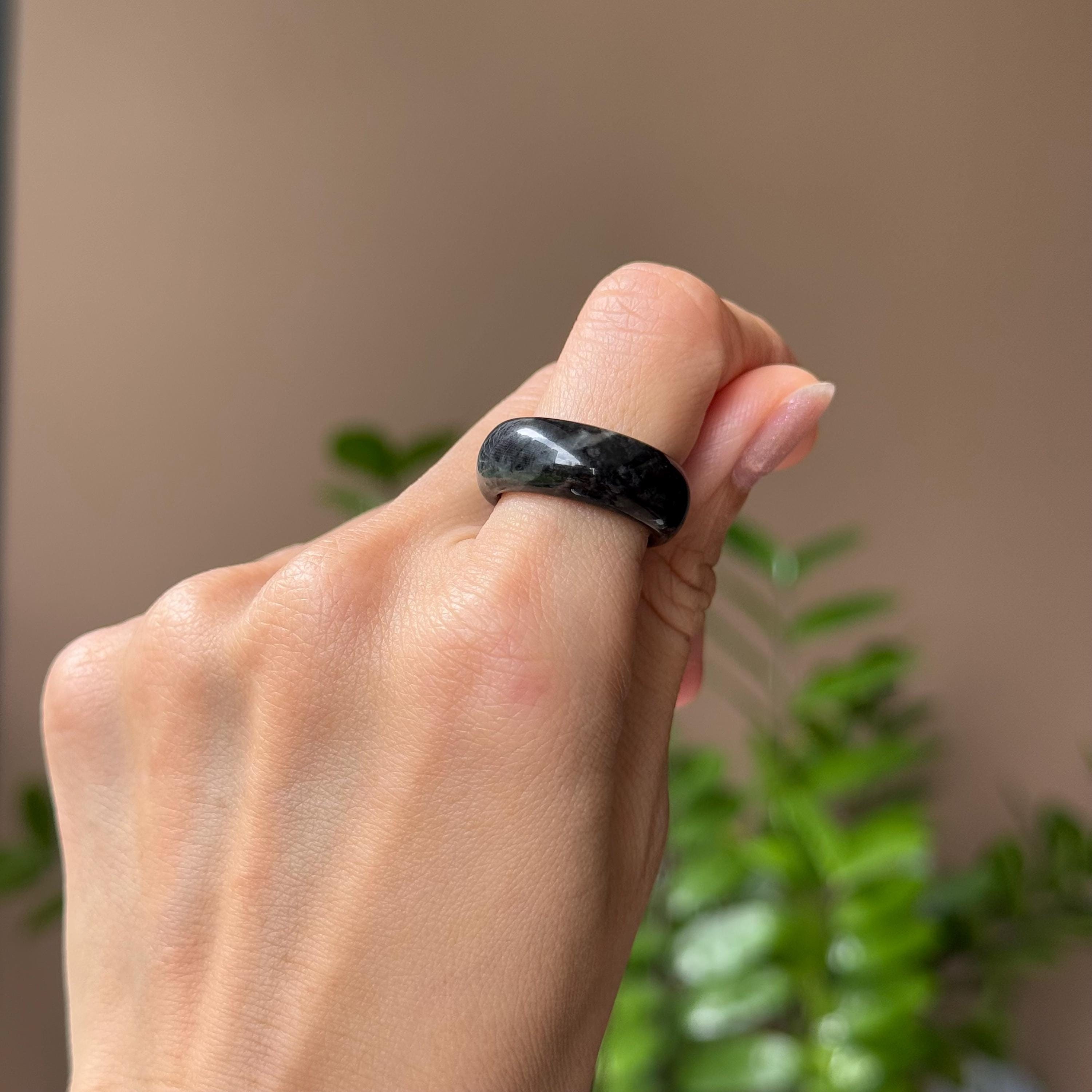 Black Jade Ring US Grade A Jadeite Cut Abacus Band Ring HC128