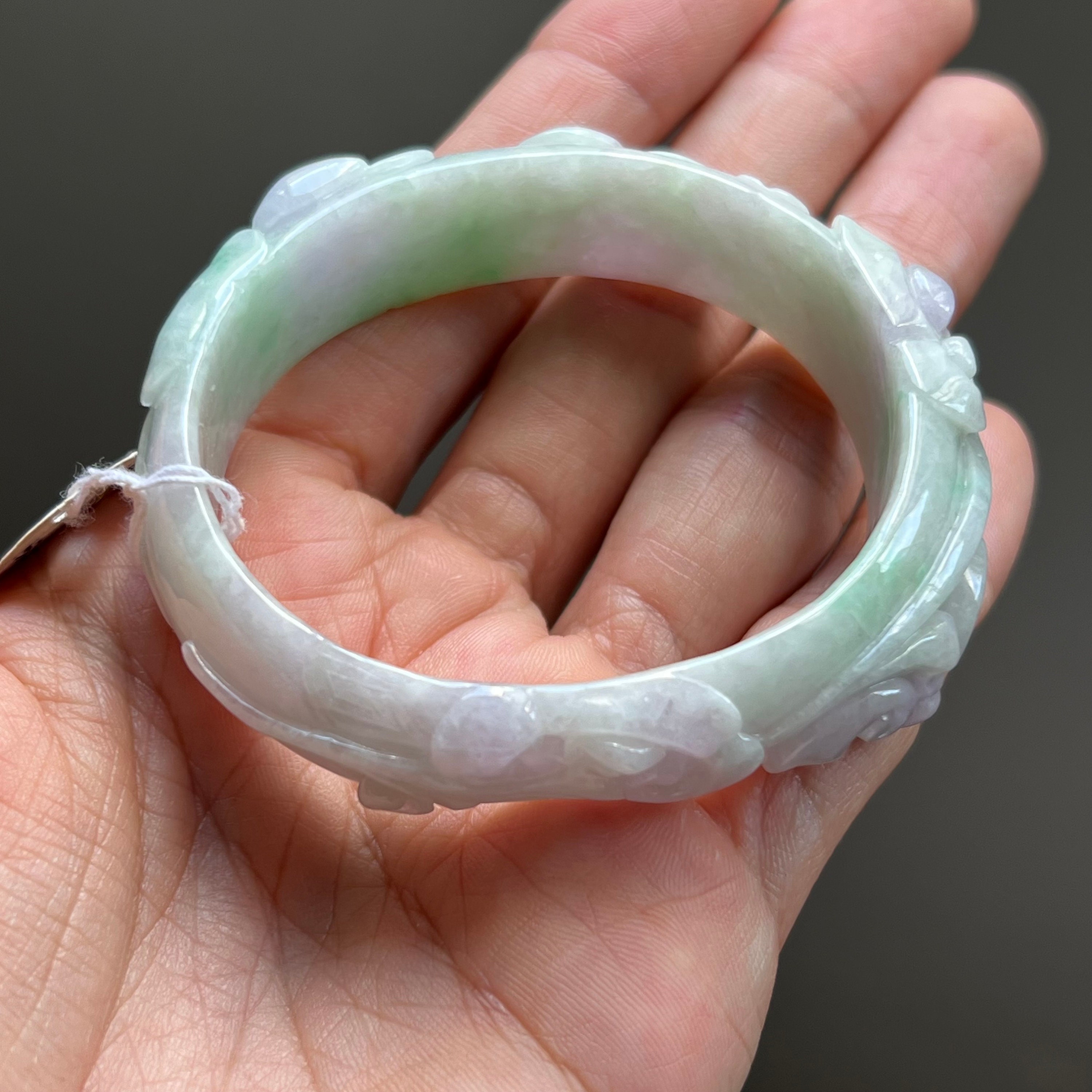 Oval 53.7mm Carved Jade Bangle Lavender Apple Green Grade A
