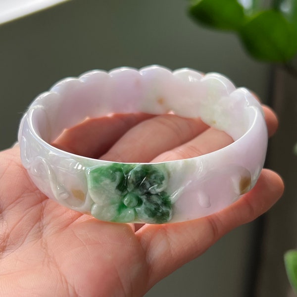 Carved Jade Bangle Oval 60.28mm Lavender 4Colors Grade A Jadeite (Burmese Jade)