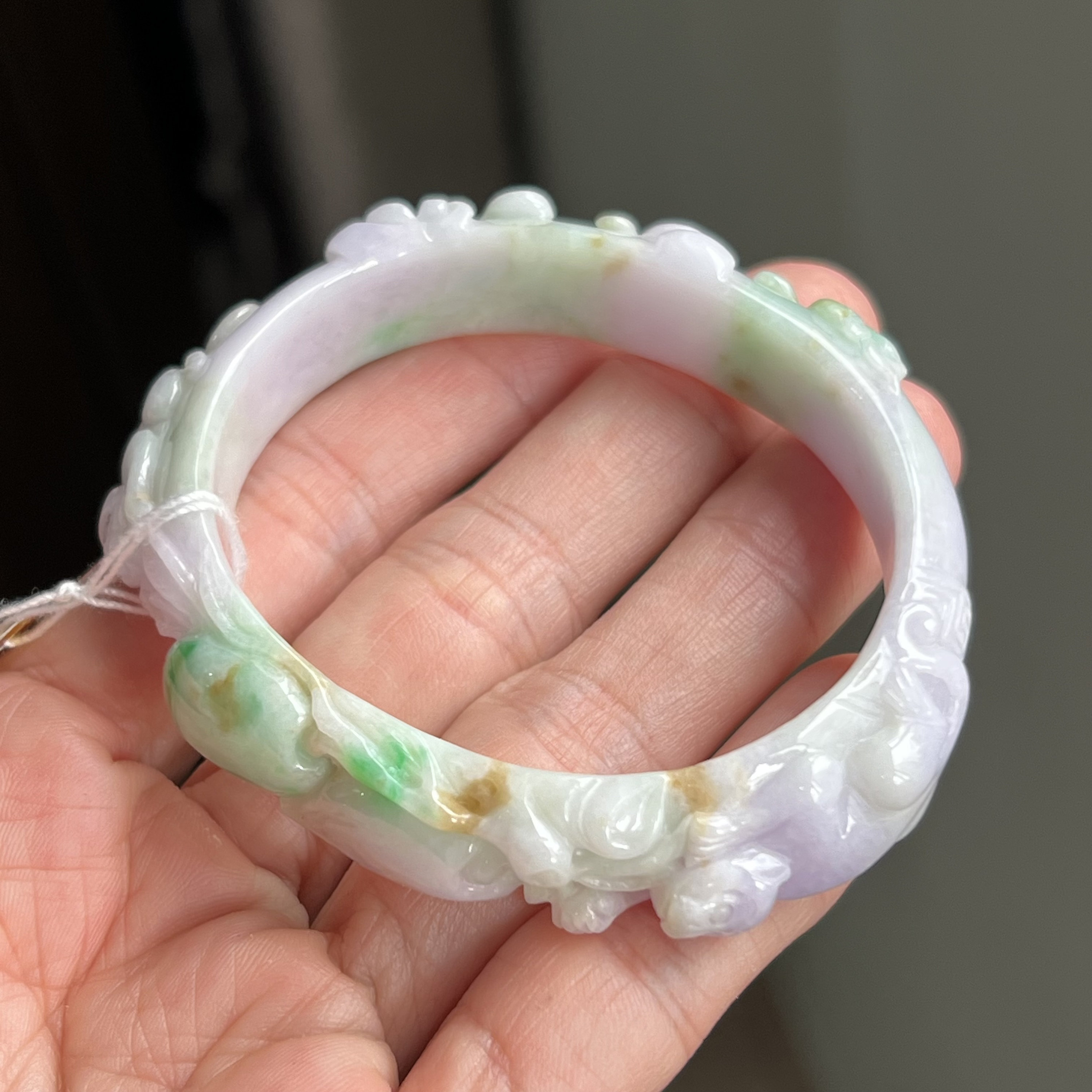 Oval 54.3mm Carved Jade Bangle Lavender Bright Green