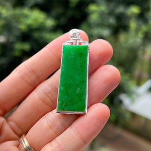 Jade Pendant Translucent Green Solid Rectangle Grade A Jadeite, set in 18K Solid White Gold (Burmese Jade)