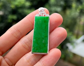 Jade Pendant Translucent Green Solid Rectangle Grade A Jadeite, set in 18K Solid White Gold (Burmese Jade)